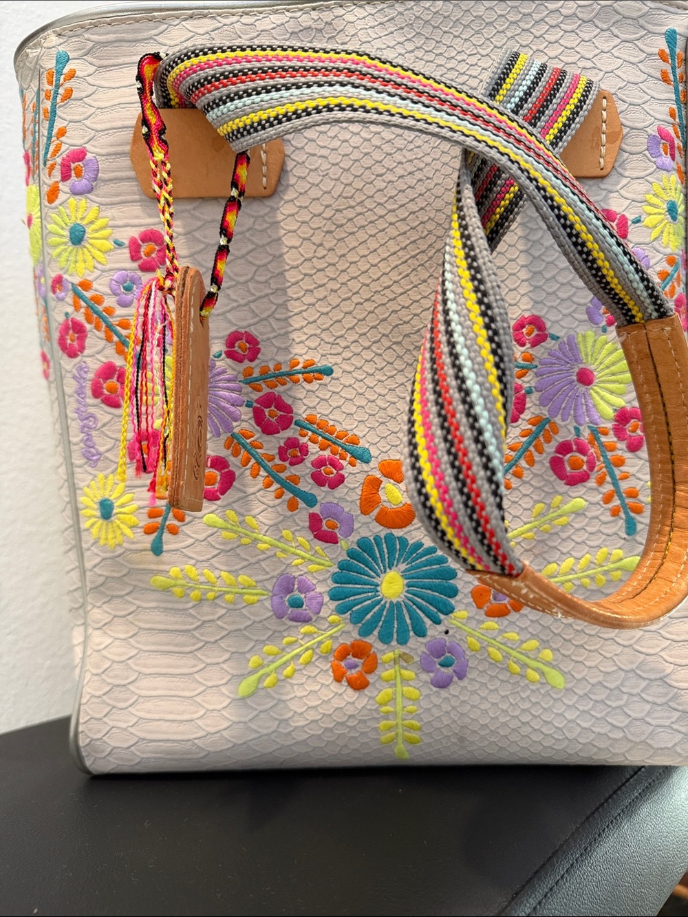Embroidered Consuela Tote - Floral Bag /Beige with Multicolor Accents!! W/Strap